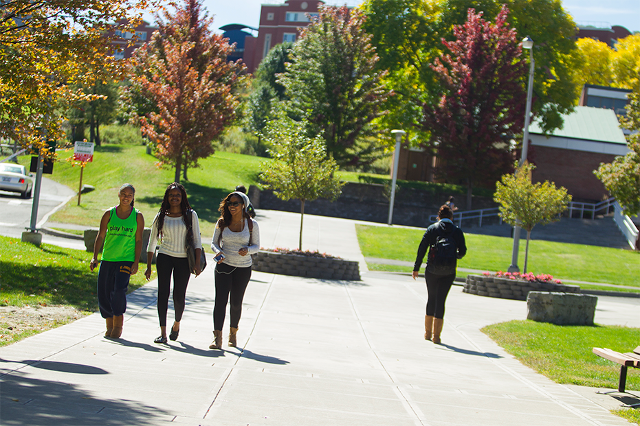 Group of students walking outside at SUNY Binghamton