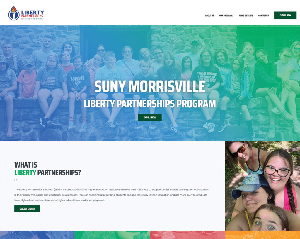 SUNY Morrisville Liberty Partnerships Program website homepage with image of students