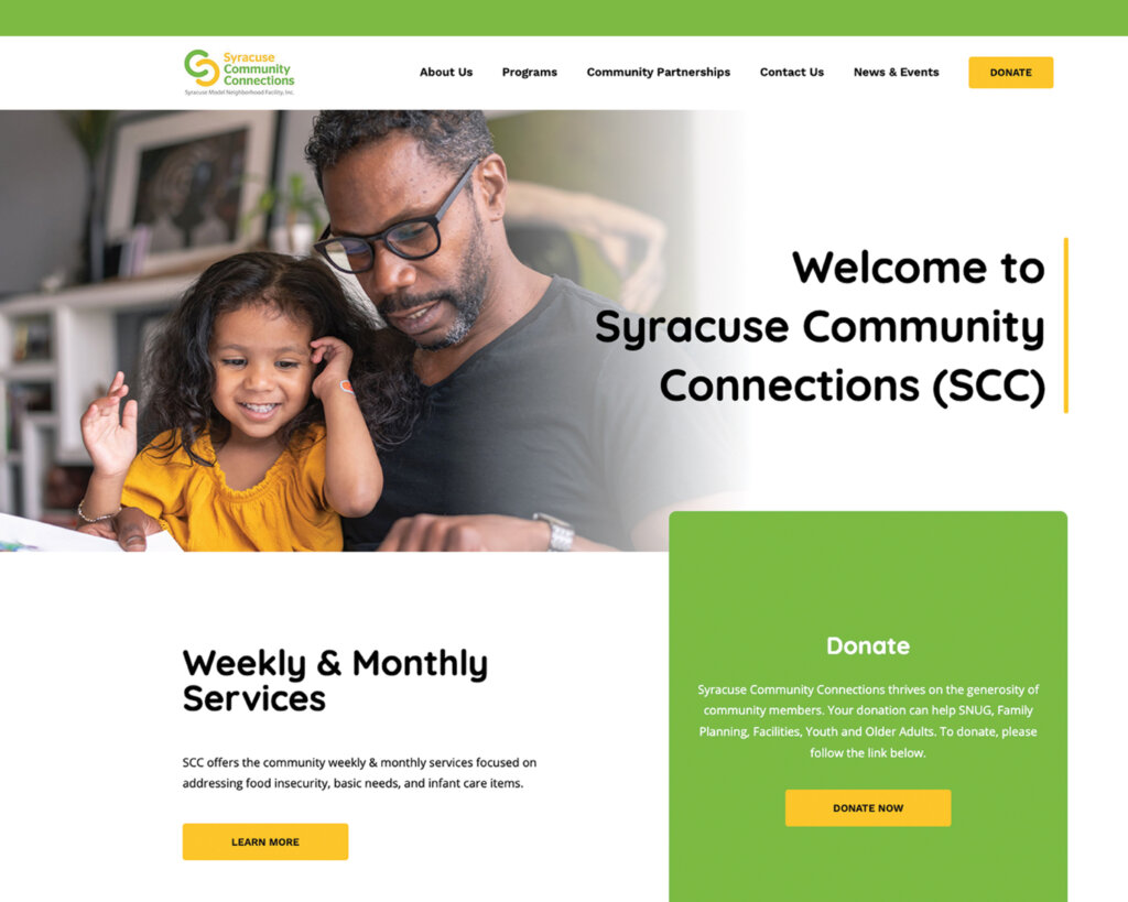 Father and daughter welcome image on SCC website homepage with weekly and monthly services and "donate now" call to action