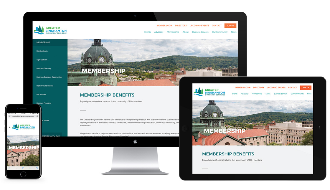 Examples of multiple responsive layouts for Greater Binghamton Chamber of Commerce website
